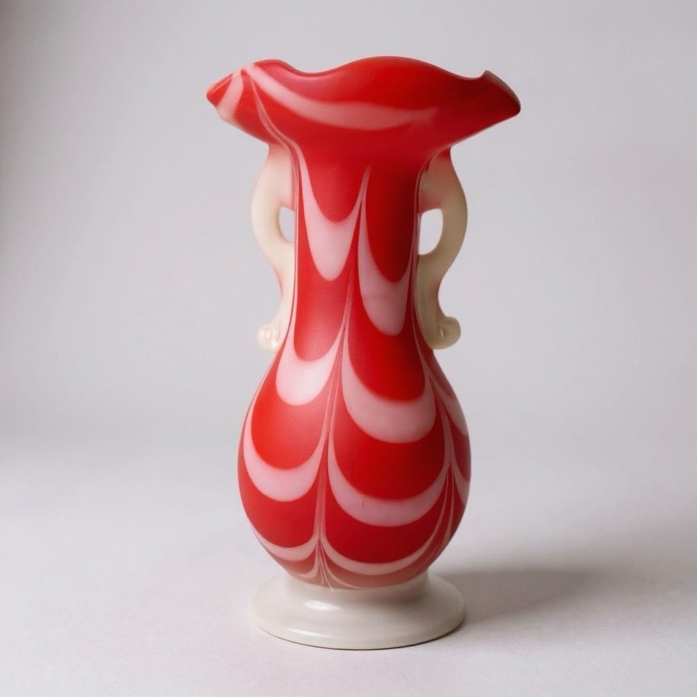 Vintage Red &‎ White Satin Nailsea Art Glass Drapery Vase w/ Loop Handles 7"